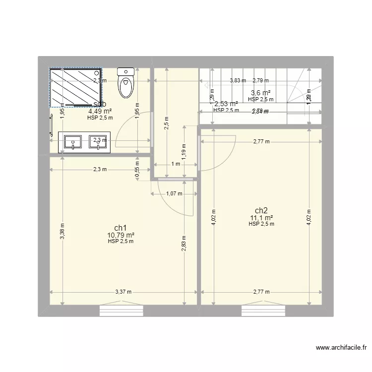 duplex 60m2. Plan de 8 pièces et 69 m²