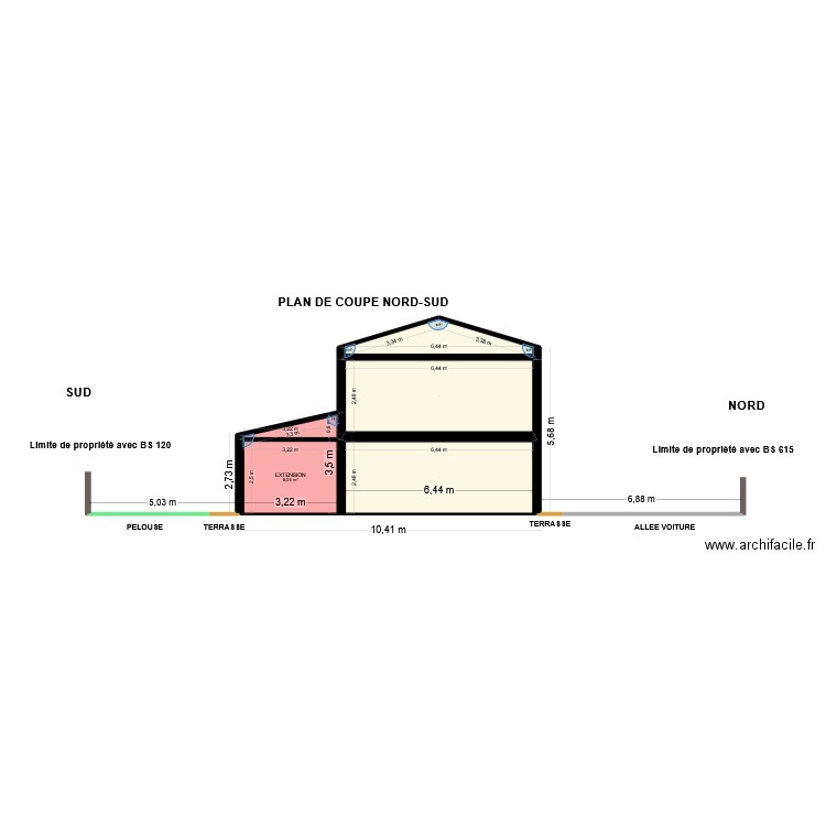 DP 3 PLAN DE COUPE NORD-SUD. Plan de 15 pièces et 92 m2