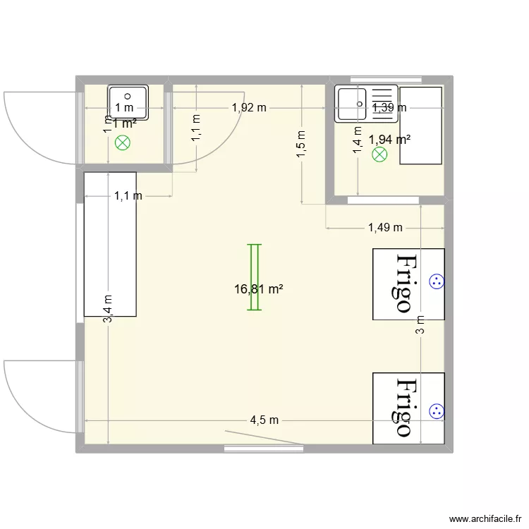 Fromagerie. Plan de 3  et 20 m²