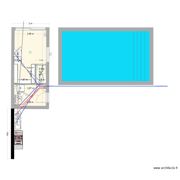 Poolhouse. Plan de 1 pièce et 15 m2