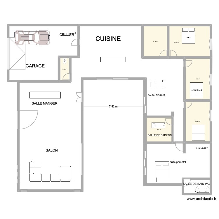 PLAN UU. Plan de 6 pièces et 74 m2