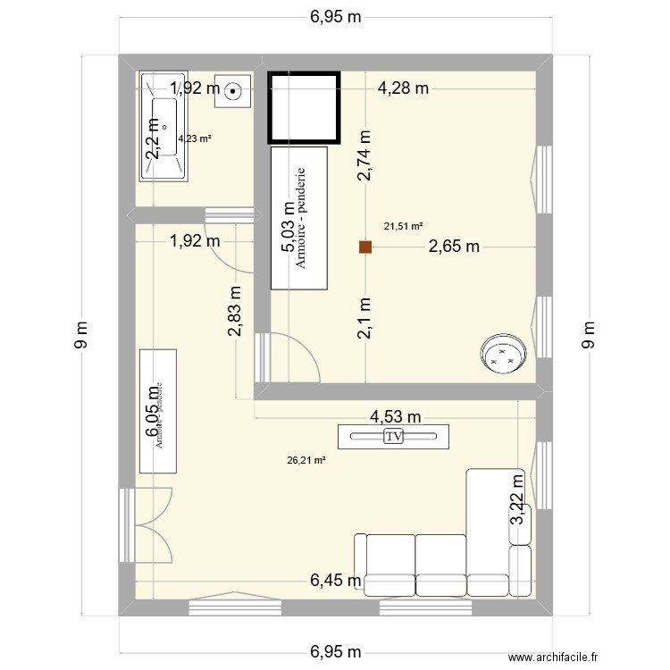grande pièce option 2. Plan de 3 pièces et 52 m2