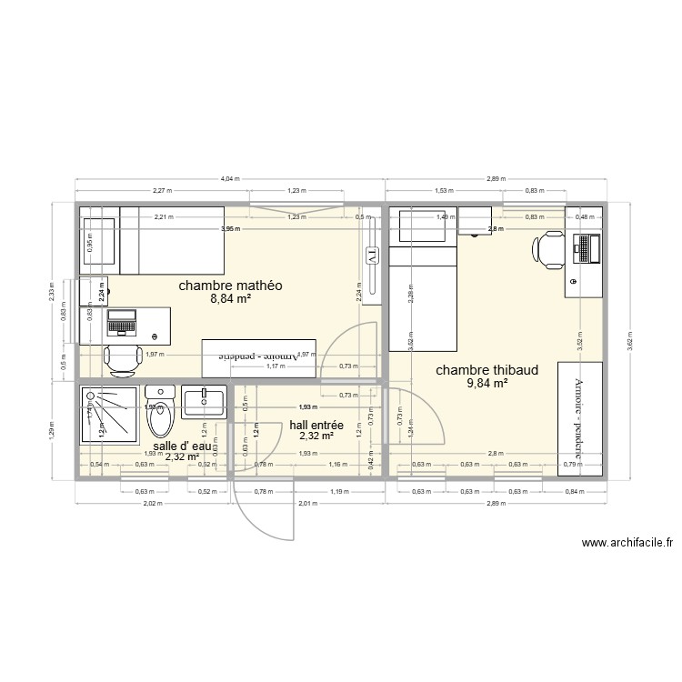 mobilhome enfant version 1 + meuble. Plan de 4 pièces et 23 m2
