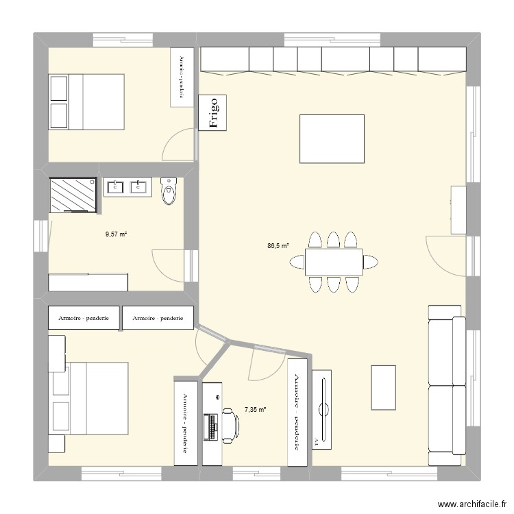plan avec agencement. Plan de 3 pièces et 103 m2