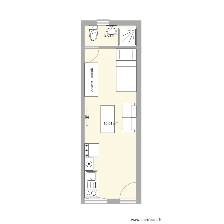extension. Plan de 2 pièces et 17 m2