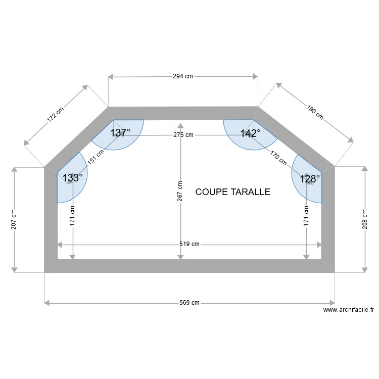 Coupe taralle. Plan de 1 pièce et 13 m2