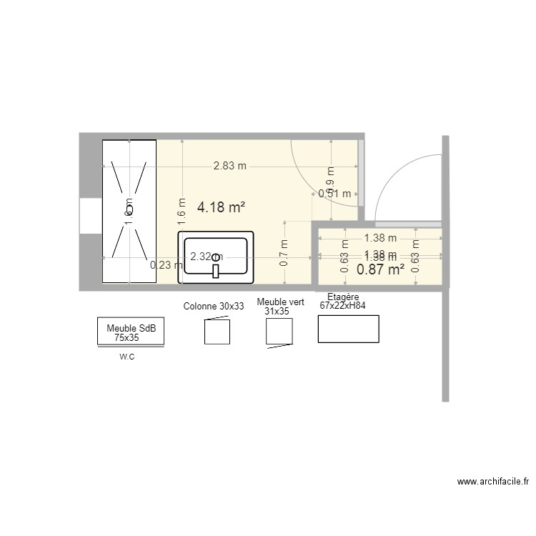 Salle de bain MEUBLES. Plan de 2 pièces et 5 m2
