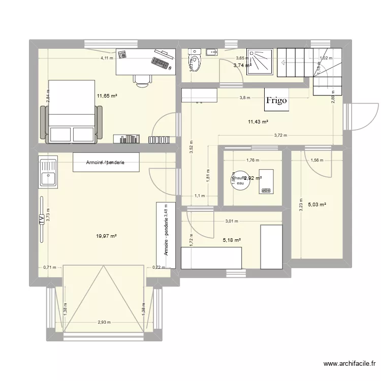 RDJ. Plan de 7  et 60 m²