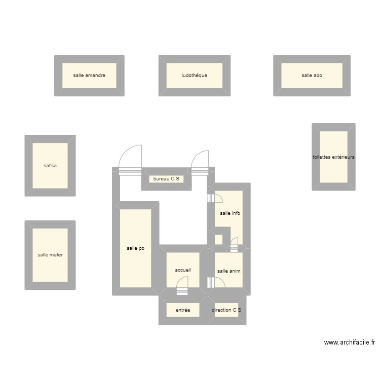 centre social. Plan de 14 pièces et 21 m2