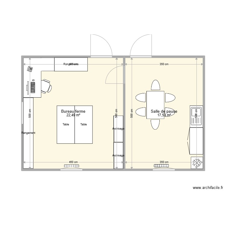 Bureau ferme sans sanitaires. Plan de 2 pièces et 40 m2