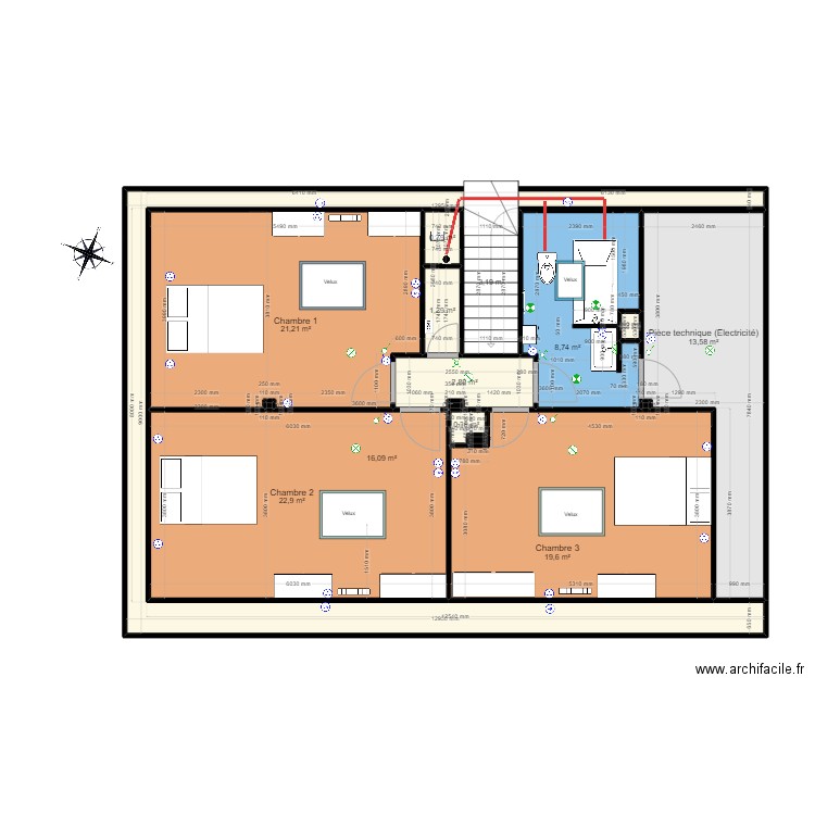 Plan étage - VF. Plan de 16 pièces et 111 m2