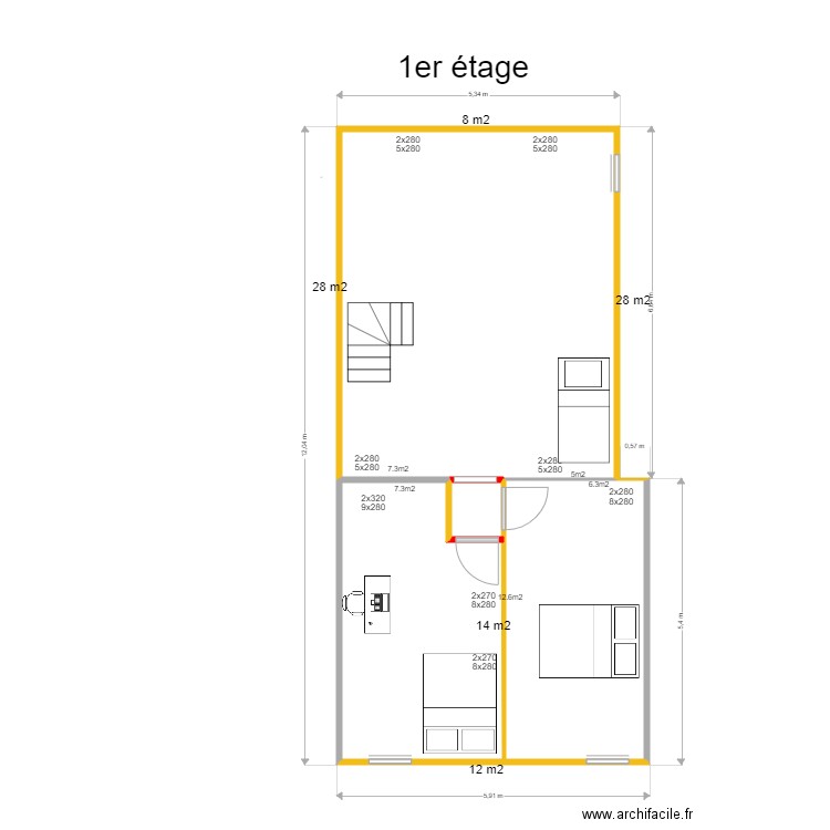 metrage 1er etage isolation. Plan de 3 pièces et 63 m2