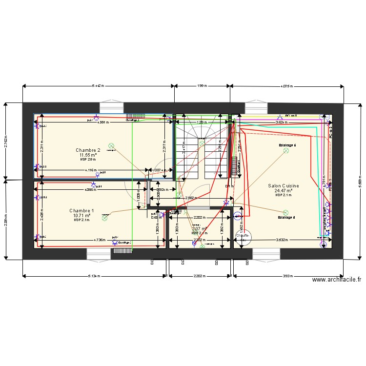 1 er etage plan vide Electricite version 4 (hotte). Plan de 4 pièces et 50 m2