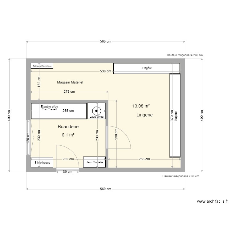 Lingerie Buanderie. Plan de 2 pièces et 19 m2