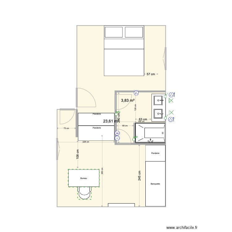 etage le portes. Plan de 2 pièces et 27 m2