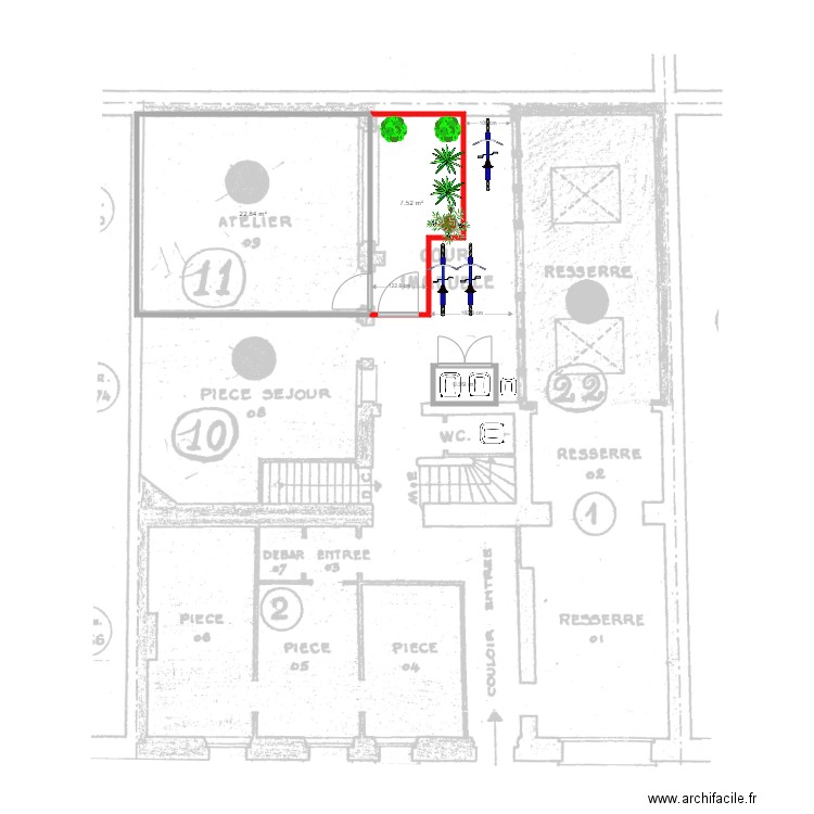 cour courtois aménagée. Plan de 3 pièces et 31 m2