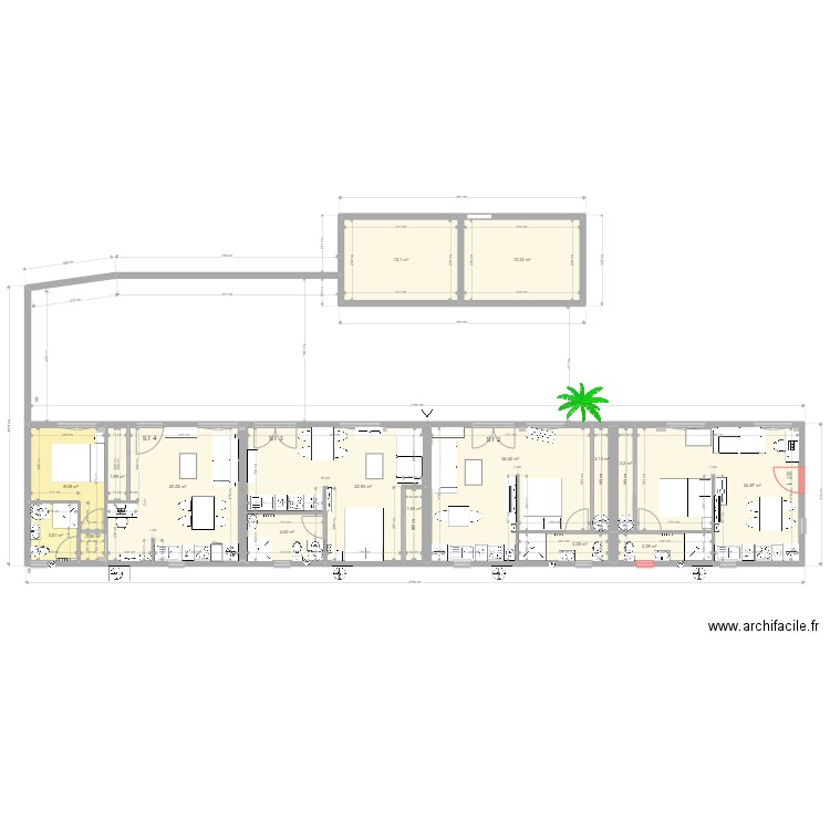 4 studios aménagés. Plan de 16 pièces et 149 m2