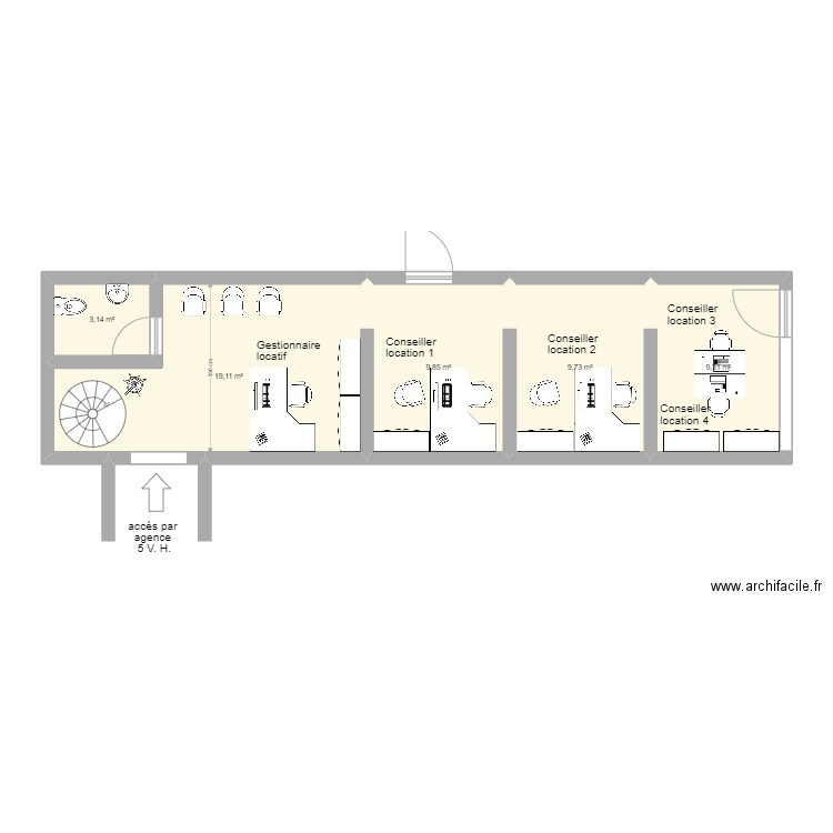 amenagement agence 3 VH dédié location 4 bureaux + Gestionnaire. Plan de 5 pièces et 51 m2