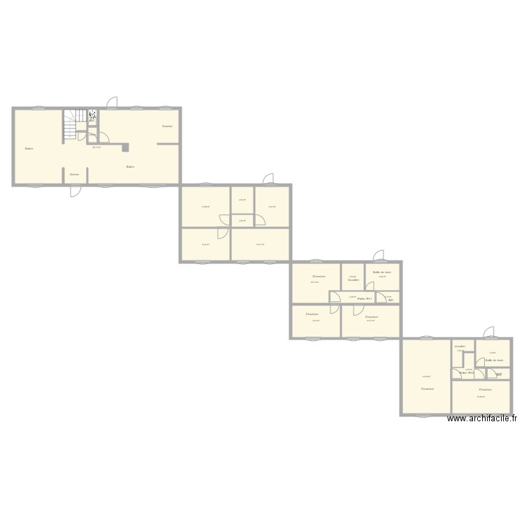 RDC. Plan de 22 pièces et 207 m2