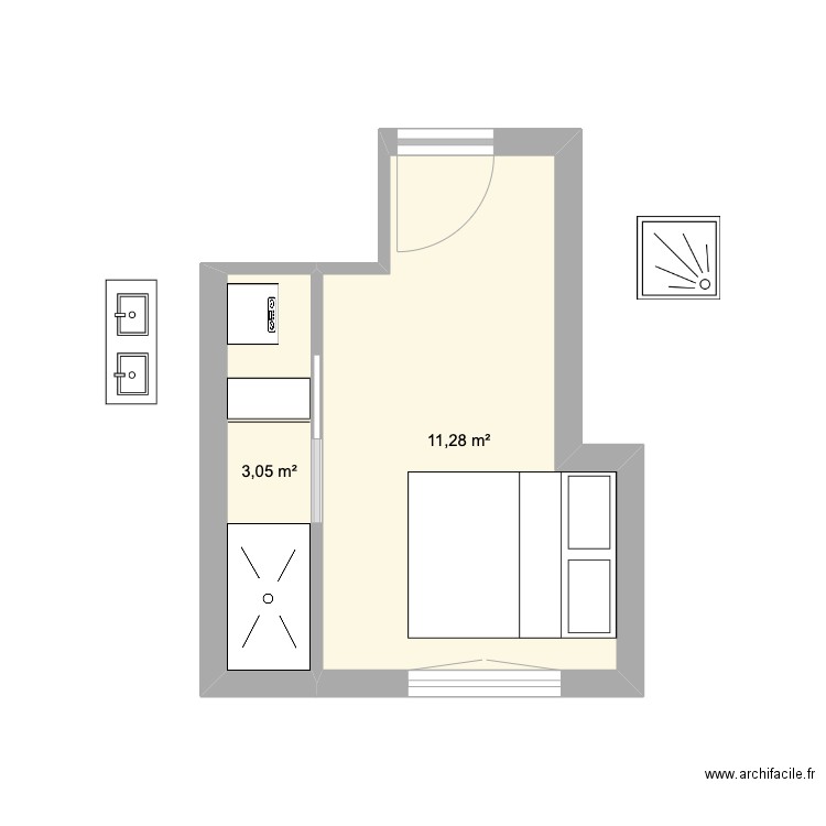 Suite parentale simple. Plan de 2 pièces et 14 m2