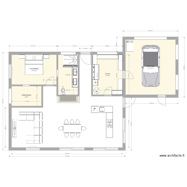 maison/garage. Plan de 5 pièces et 67 m2