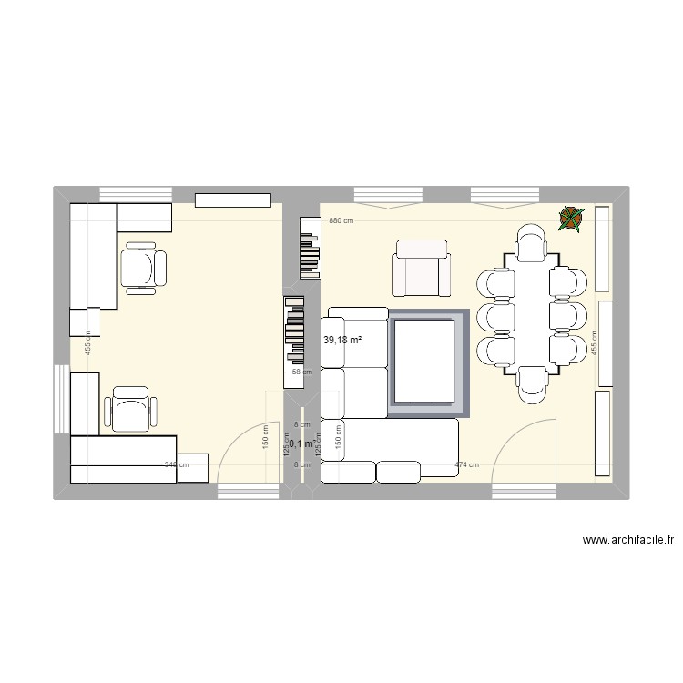 Salon. Plan de 2 pièces et 39 m2