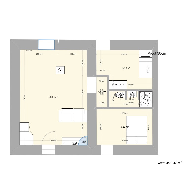 sdb milieu ch. Plan de 5 pièces et 52 m2