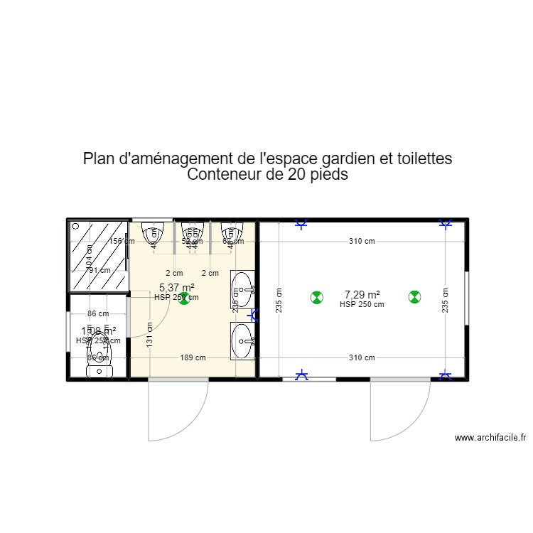 Plans conteneurs 20 pieds_ Espace gardien et toilettes. Plan de 3 pièces et 14 m2