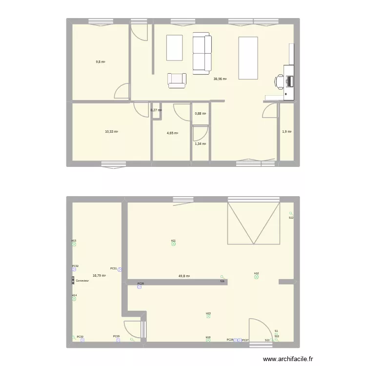 Apr&egrave;s. Plan de 10  et 133 m²
