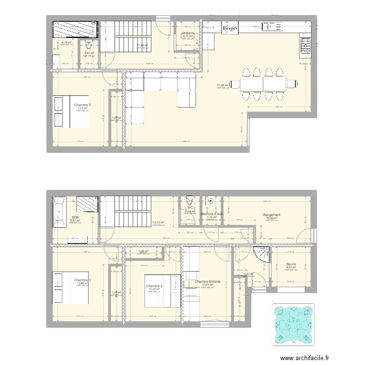 Chalet 2 - Avec bons couloirs. Plan de 19 pièces et 173 m2