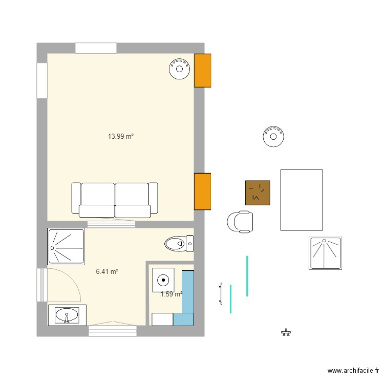 Grrr RdC 2023 - 20 douche 90x90 wc ouvert. Plan de 3 pièces et 22 m2