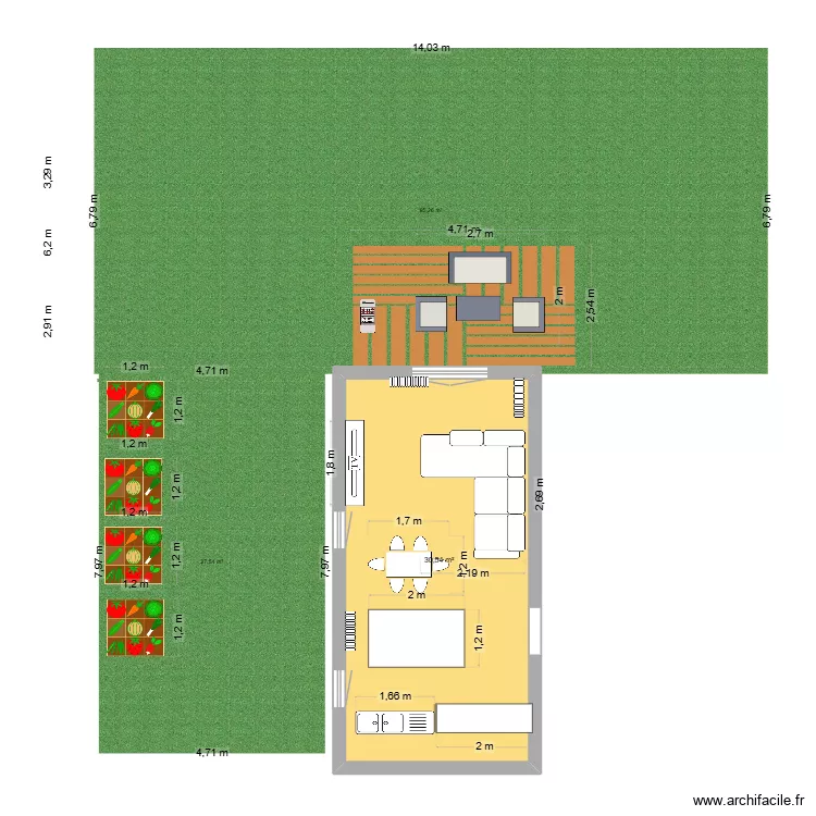 Pi&egrave;ce de vie/cuisine + jardin. Plan de 1 pièce et 31 m²