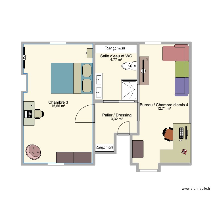 2e étage René Coty (+ Bureau). Plan de 4 pièces et 37 m2