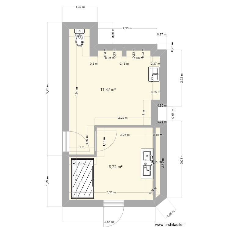 CALIN SDB. Plan de 3 pièces et 21 m2
