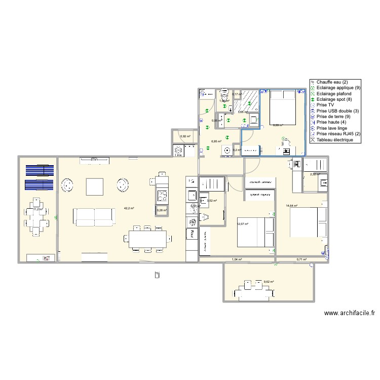 Santa Clara 2 face mer version famille WCTest1. Plan de 19 pièces et 120 m2