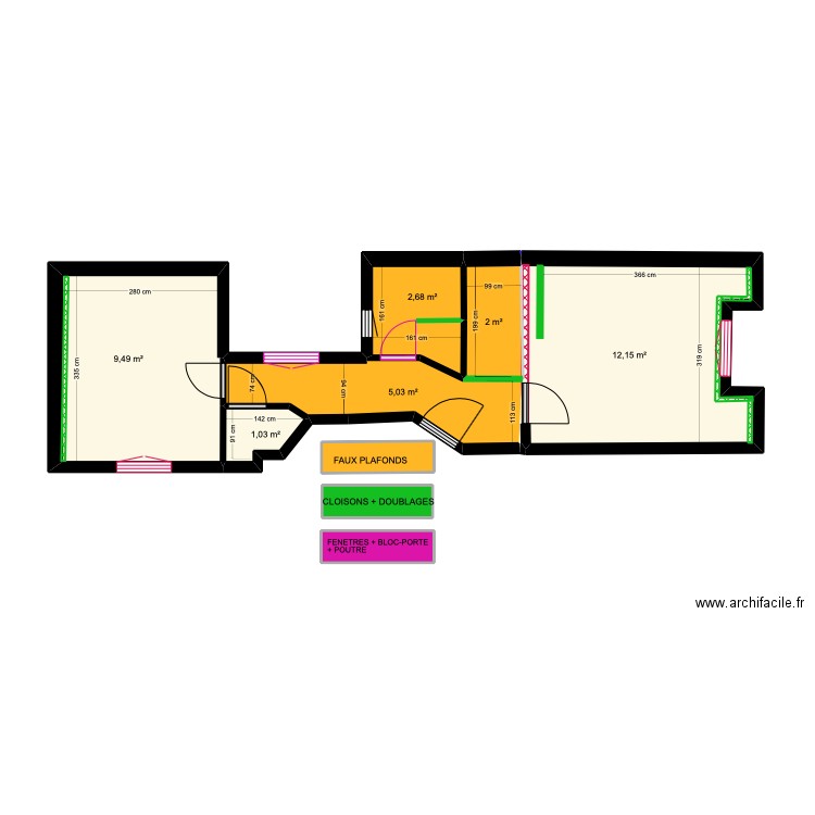 PLAN maçonnerie / plâtrerie + fenêtres + bloc-porte. Plan de 9 pièces et 36 m2