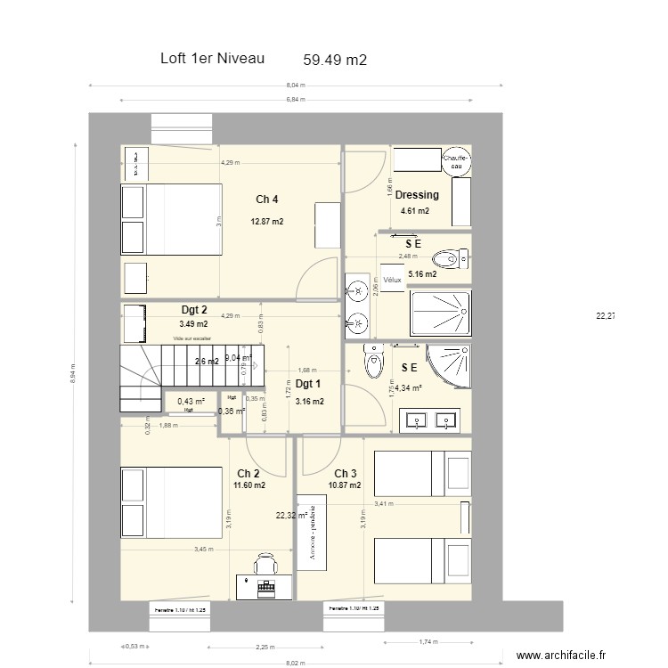 Loft 1 Niveau, . Plan de 6 pièces et 59 m2