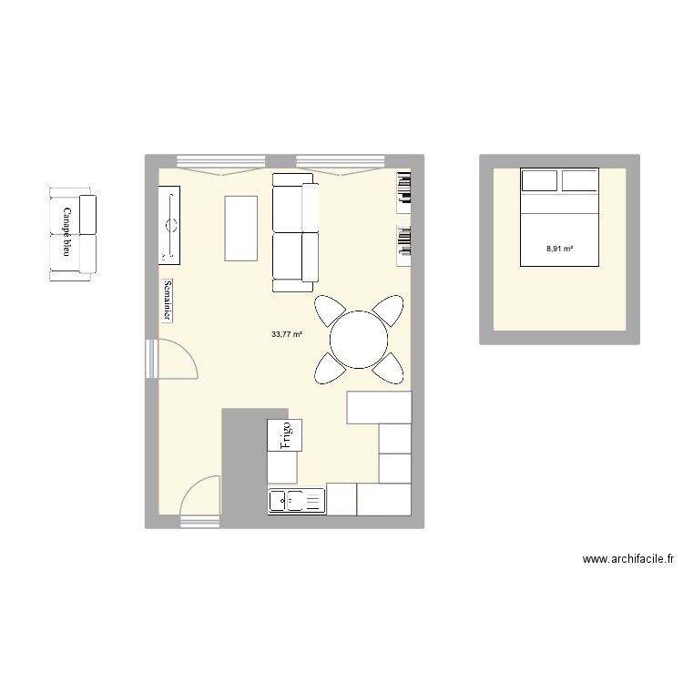 Salon 2. Plan de 2 pièces et 43 m2