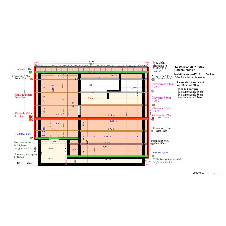 Toiture. Plan de 16 pièces et 56 m2