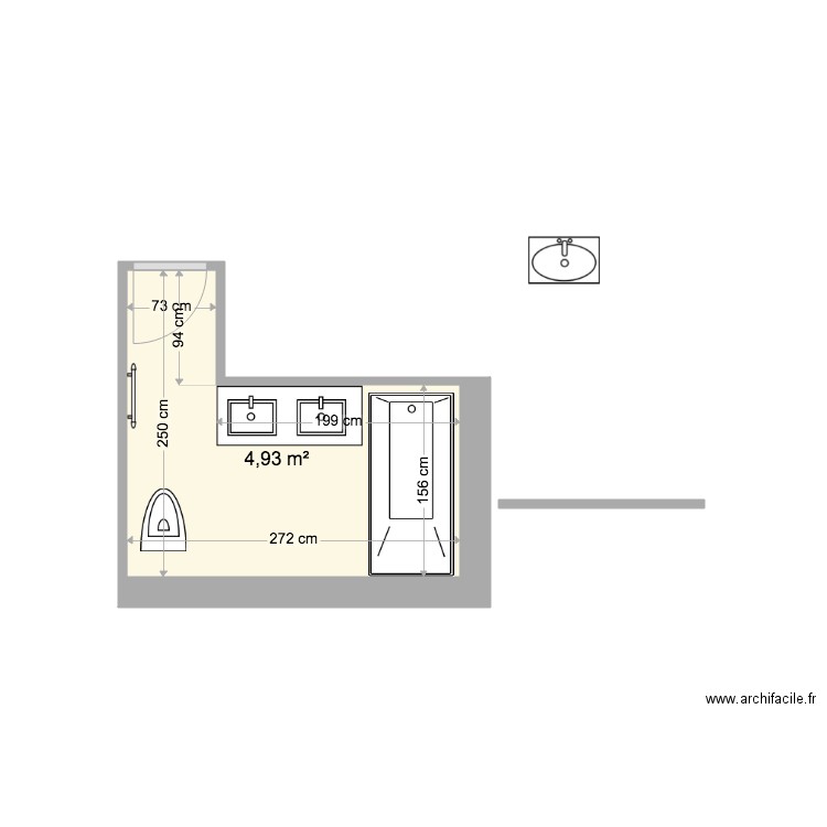 sdb. Plan de 1 pièce et 5 m2