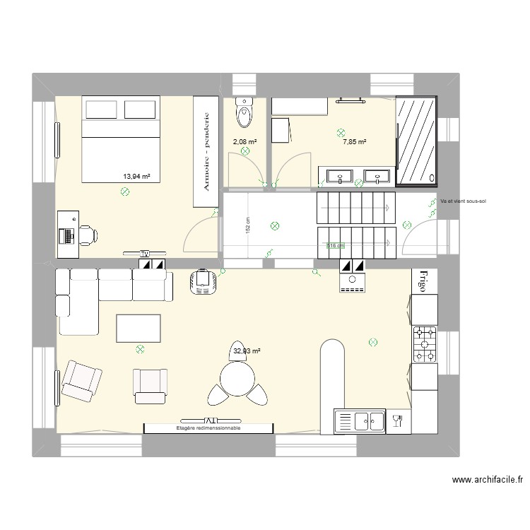 Rez de chaussée éclairage. Plan de 4 pièces et 57 m2