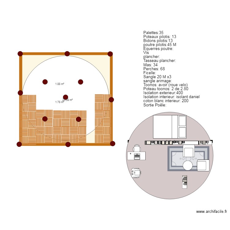 Yourte et pillotis. Plan de 0 pièce et 0 m2