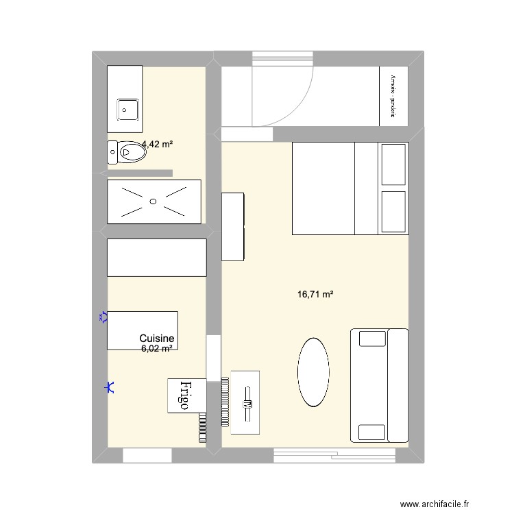 Appart. Plan de 3 pièces et 27 m2