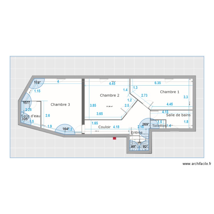 Triplex 2 . Plan de 3 pièces et 225 m2