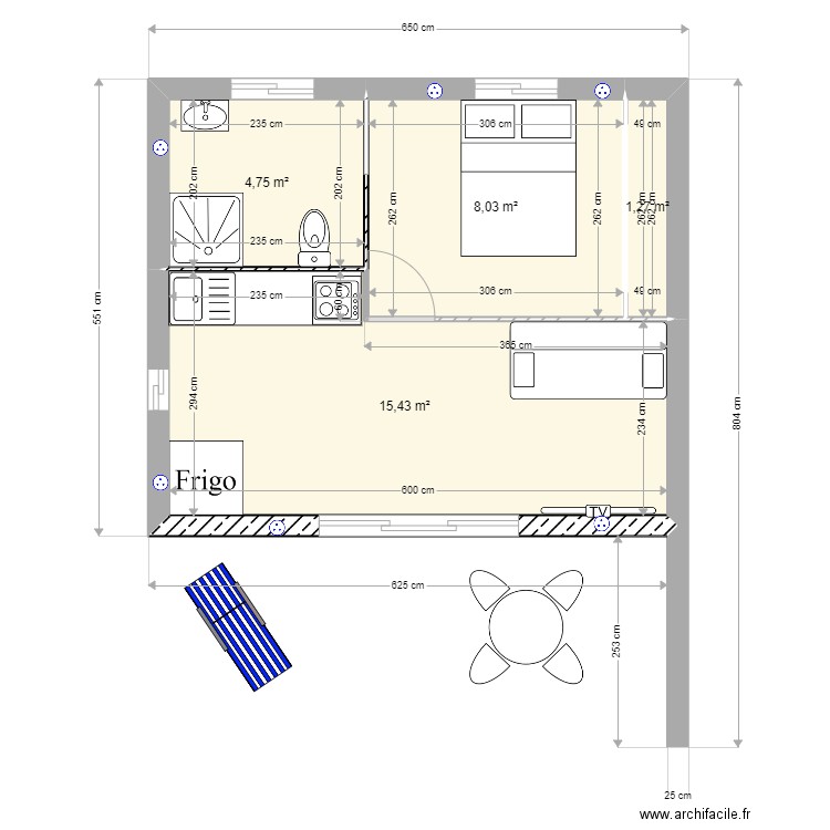 Bungalow F2 30m2. Plan de 4 pièces et 29 m2