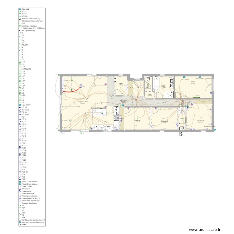 klein pieuvre front. Plan de 18 pièces et 125 m2