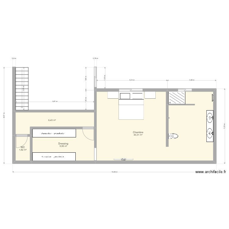 Etage  privé. Plan de 4 pièces et 59 m2