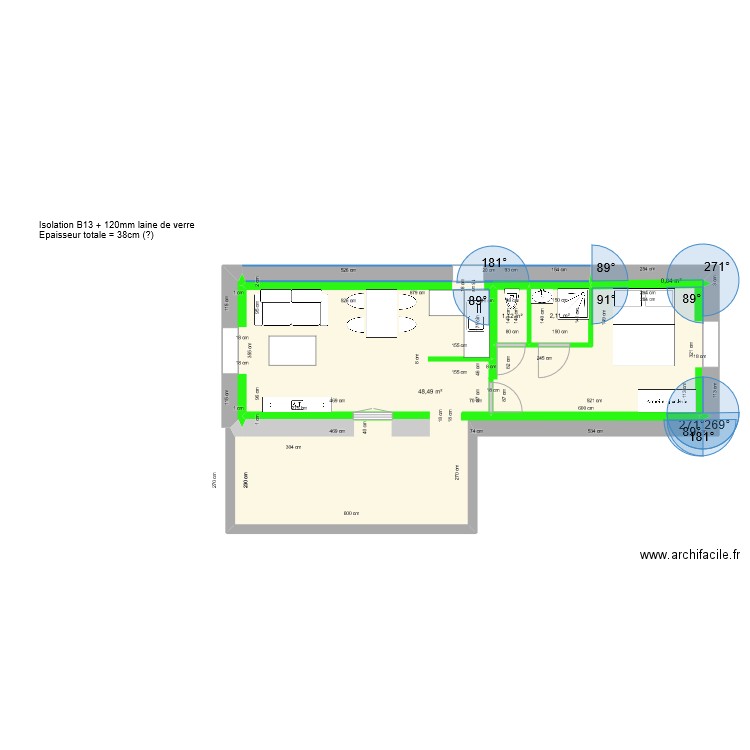 1er étage chambre à droite - pièces d'eau Nord. Plan de 4 pièces et 52 m2