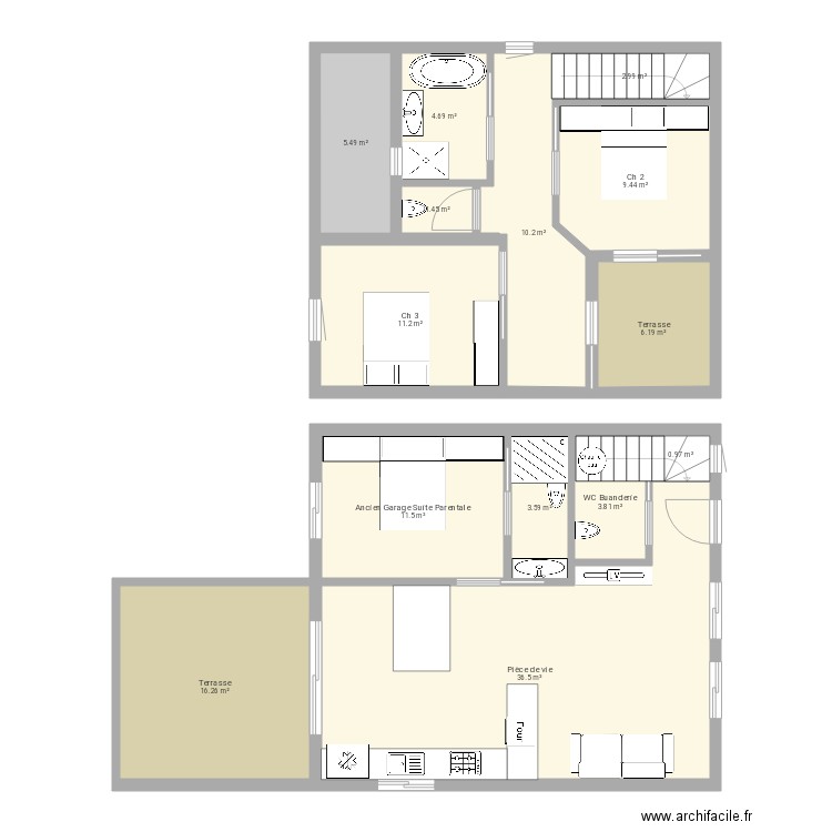 Maison 75m2 et 15m2 garage transformer en suite parentale T4bis. Plan de 0 pièce et 0 m2