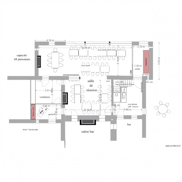 espace evenementiel  implantation tables rectangulaires. Plan de 0 pièce et 0 m2